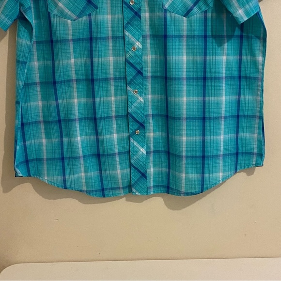 Wrangler Shirt Men's Size XL Western Plaid Pearl Snaps Short Sleeve Teal - Picture 7 of 10